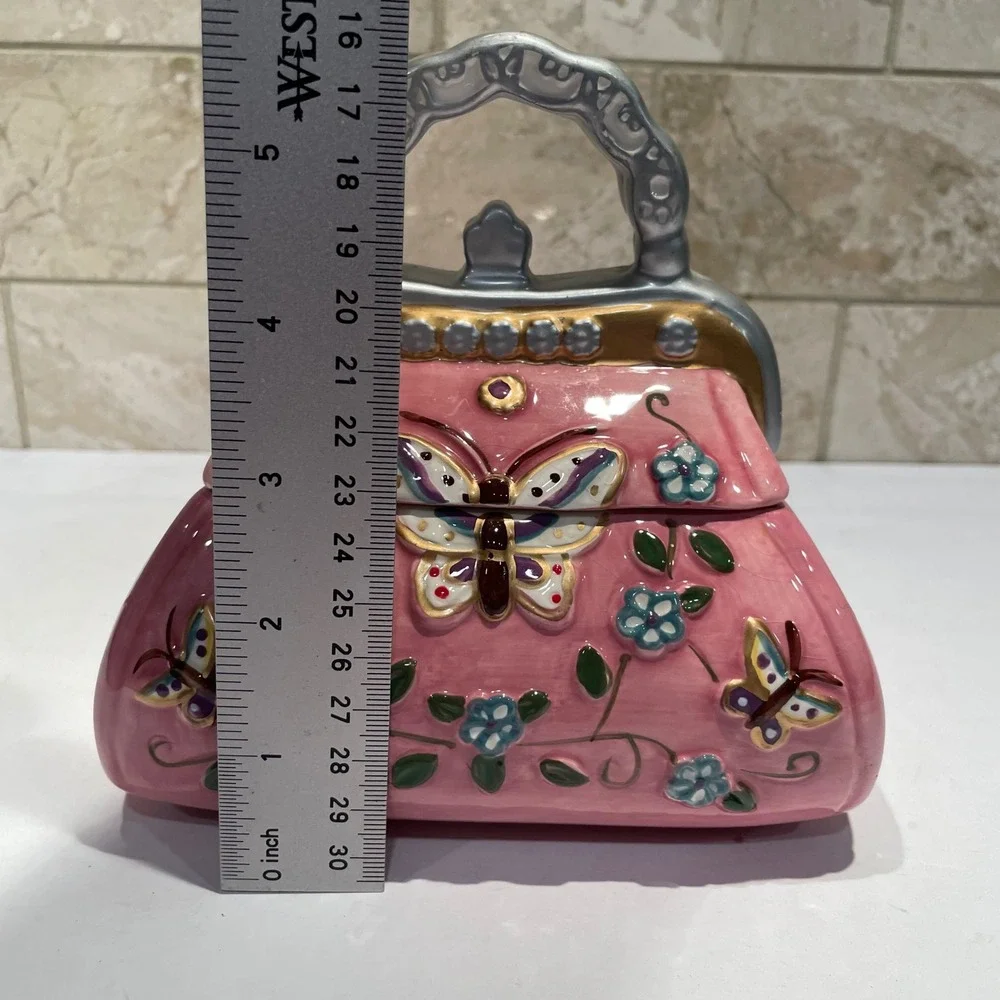 Pink Ceramic Butterfly Handbag Trinket Box Floral Decorative Davids Cookies
